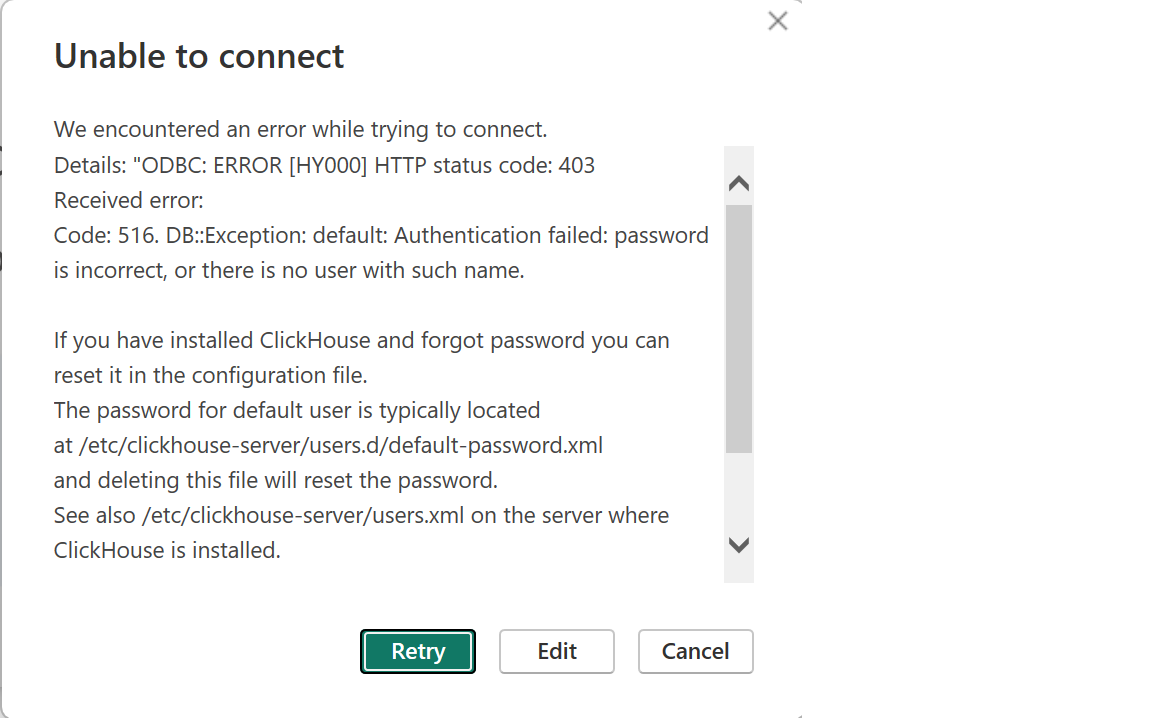 Power BI ODBC authentication error dialog - Zoomed